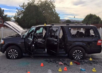 This is the bullet-ridden car driven by the couple to their deaths. Photo: San Bernardino Sheriff's Dept