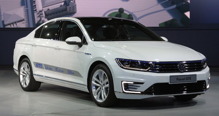 A Passat GTE is presented at the Volkswagen Group Night show on October 1, 2014 in Paris prior to the opening on October 2 of the Paris Auto show 2014 Press days. AFP PHOTO ERIC PIERMONT (Photo credit should read ERIC PIERMONT/AFP/Getty Images)