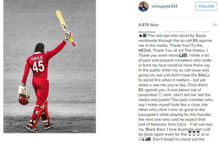 A section of Gayle's lengthy Instagram post. Photo: Instagram