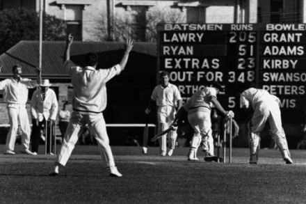 The author, at the non-striker's end and having brought up his 50, looks on as Essendon appeal. Photo: supplied