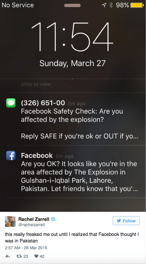 A screenshot of the message from Facebook. 
