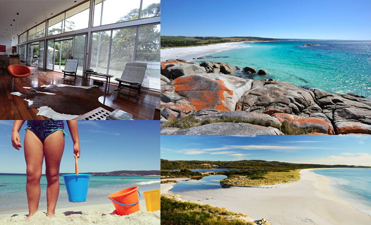 Clockwise from top left: the Arthouse, a Bay of Fires beach, Sloop Lagoon, a beach holiday suitable for the whole family.