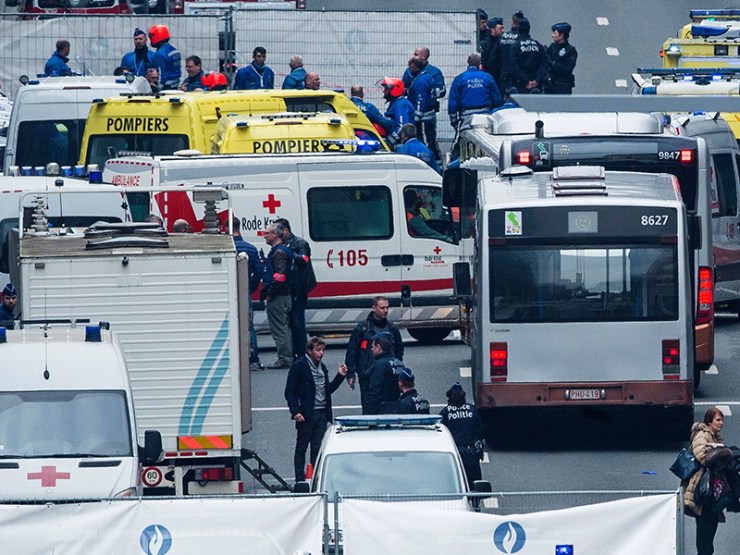 Emergency vehicles gather in a street near Maalbeek station. Photo: Getty