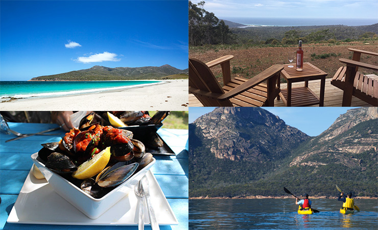 Clockwise from top left: Wineglass Bay, the view from the Freycinet Eco Retreat, kayakers in Coles Bay and chilli mussels from Freycinet Marine Farm.