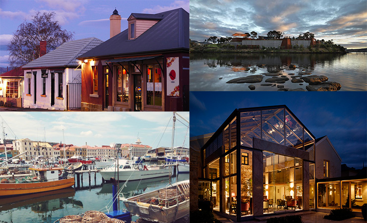 Clockwise from top left: Battery Point, the Museum of Old and New Art, The Islington Hotel and the Hobart waterfront where the Henry Jones Art Hotel is situated.