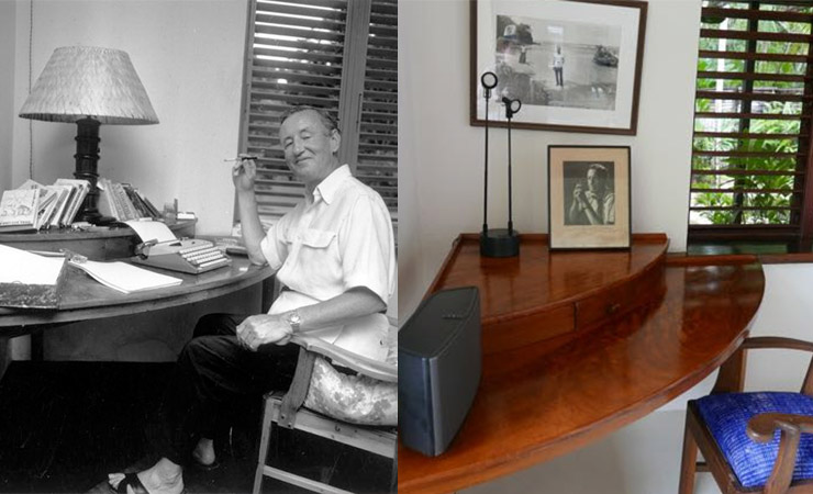 Fleming at his desk in Goldeneye (left). The desk is still in the villa today (right).