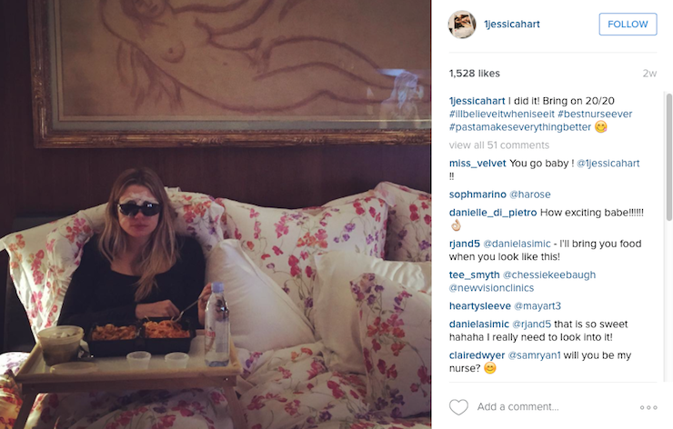 Jessica Hart recovers from her laser eye surgery in bed.