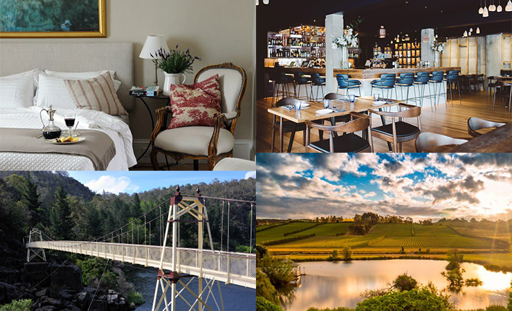 Clockwise from top left: a room at the Red Feather Inn, Geronimo Restaurant, Josef Chromy vineyard and the Alexandra suspension bridge at Cataract Gorge.