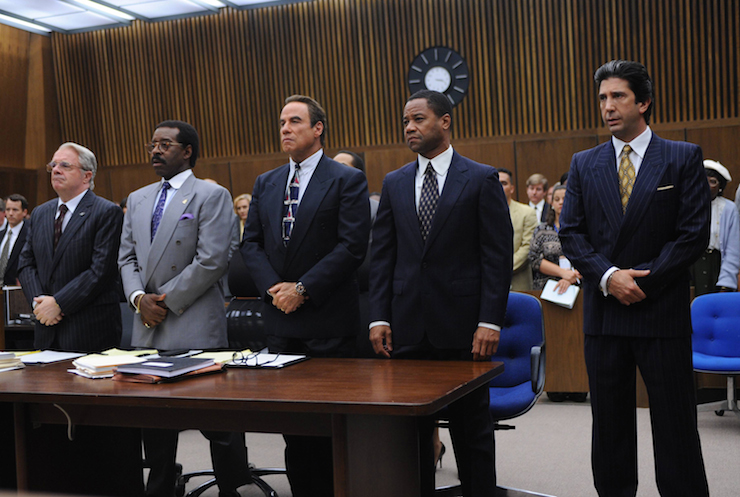 Nathan Lane as F. Lee Bailey, Courtney B. Vance as Johnnie Cochran, John Travolta as Robert Shapiro, Cuba Gooding, Jr. as O.J. Simpson, David Schwimmer as Robert Kardashian. Photo: Ray Mickshaw/FX