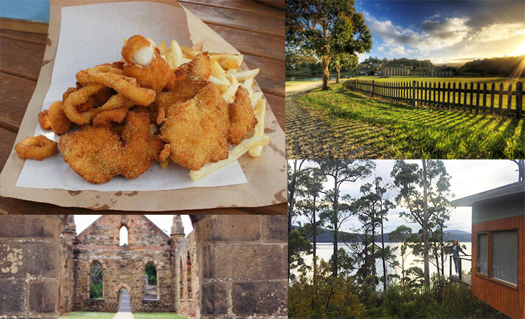 Clockwise from top left: fish and chips from Doo-lishus, Port Arthur Historic Site, Stewart's Bay Lodge, Port Arthur buildings.