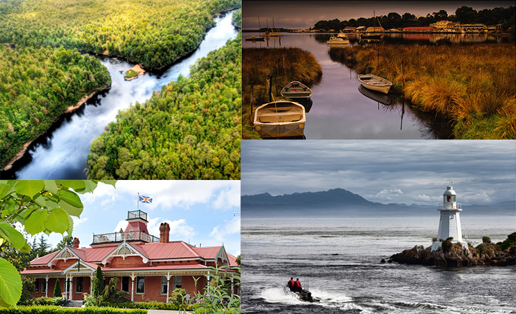 Clockwise from top left: the Franklin and Gordon Rivers, a view of the port town from the water, the Hells Gate lighthouse, Ormiston House.