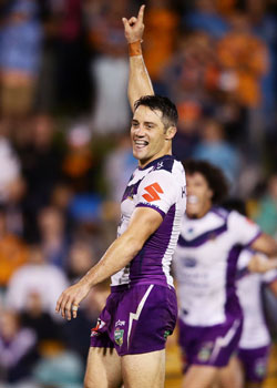 Cooper Cronk celebrates a golden point winner for the Melbourne Storm last week. Photo: Getty