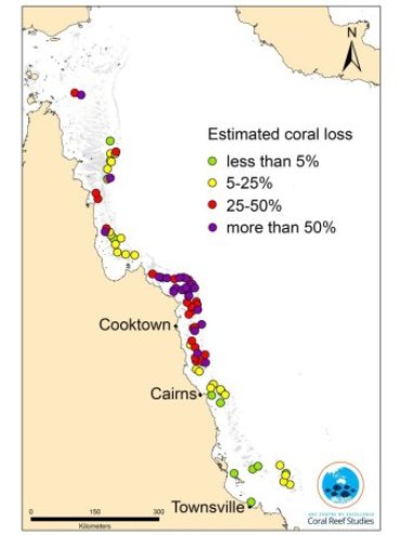 A map of mortality estimates on coral reefs along 1,100 kilometres of the Great Barrier Reef.