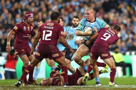 David Klemmer of the Blues is tackled. Photo: Getty.