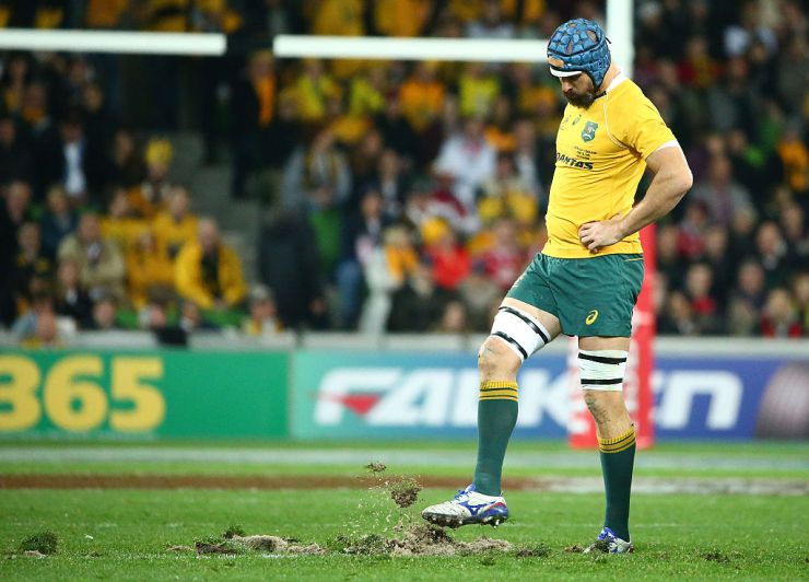 MELBOURNE, AUSTRALIA - JUNE 18: Scott Fardy of the Wallabies kicks the turf after it was ripped up in a scrum in the first half and the players had to move to rehold the scrum during the International Test match between the Australian Wallabies and England at AAMI Park on June 18, 2016 in Melbourne, Australia. (Photo by Scott Barbour/Getty Images)