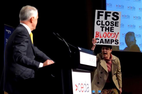 Agnes Prest from the Whistleblowers Activists and Citizens Alliance came within metres of the Prime Minister, making her message clear.