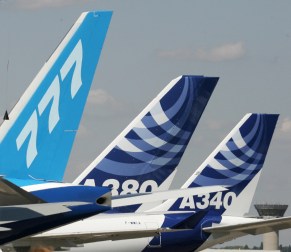 A tail of the 777, A380 and A340 at the Paris Air Show in 2005. Photo: Getty