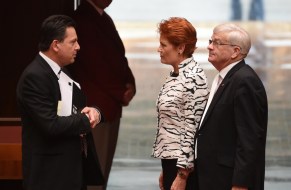 Nick Xenophon Team Senator Nick Xenophon, One Nation leader Senator Pauline Hanson and One Nation Senator Brian Burston