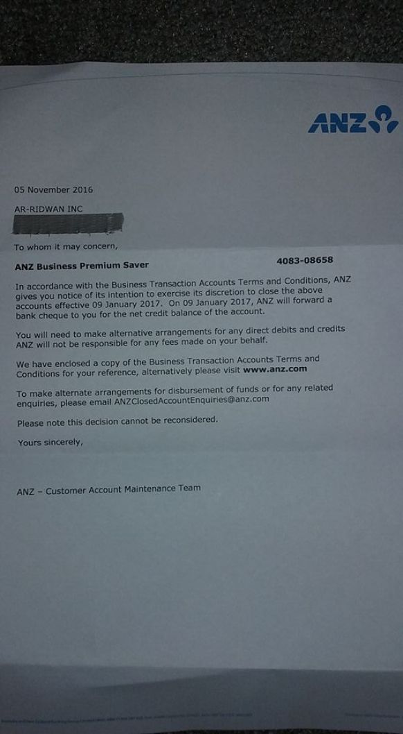 The letter from ANZ closing the account.