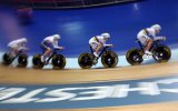 Britain's women's teams pursuit cyclists on their world record breaking final