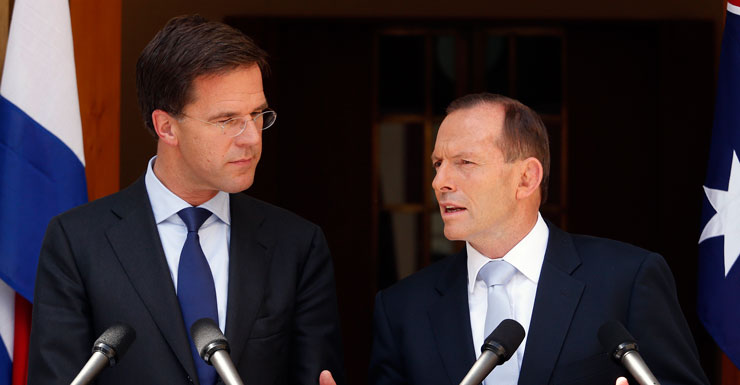 Prime Minister of The Netherlands Mark Rutte (L) and Australian PM Tony Abbott