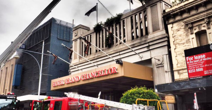Fire crews at the Grand Chancellor Hotel.