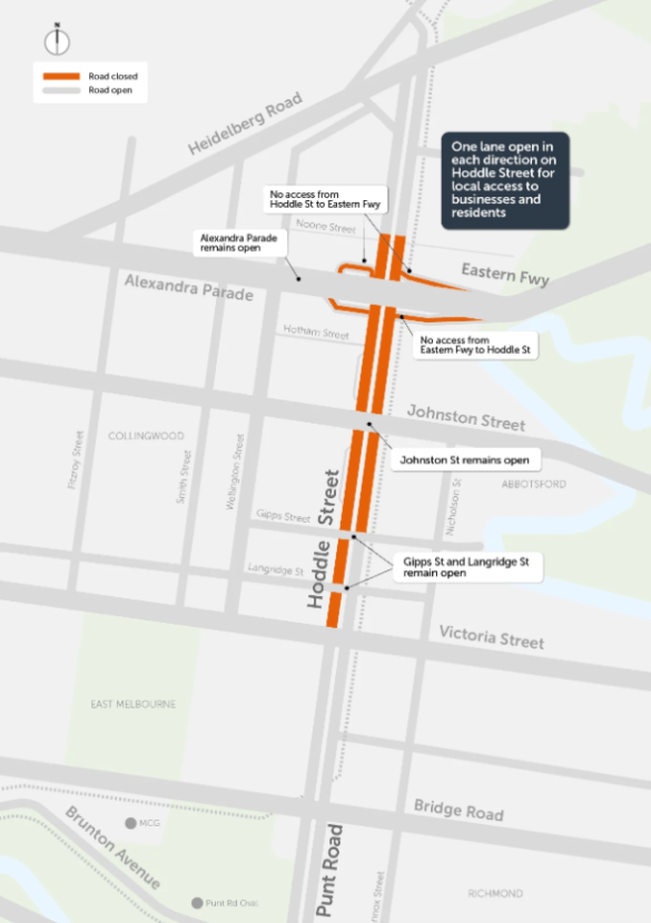 Hoddle Street will be closed between the Eastern Freeway and Victoria Parade until 11.30pm on January 14.