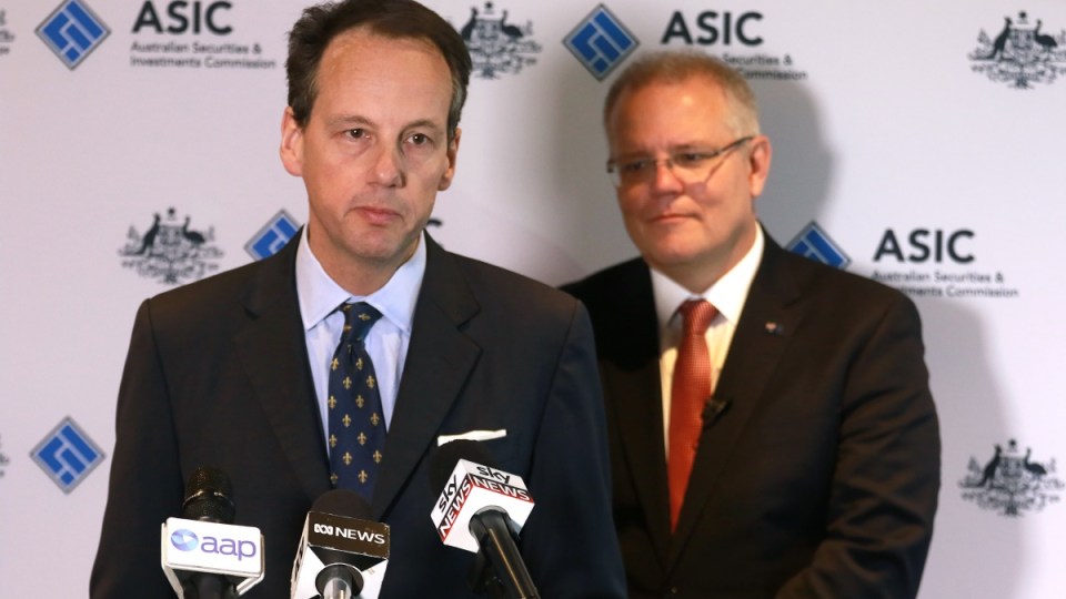 ASIC chair James Shipton and Prime Minister Scott Morrison giving a speech.