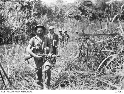 Diggers advance to confront HJapan's invaders at the height of the conflict in 1942.