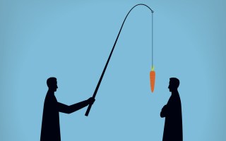 Two silhouettes, one of which has a carrot on a fishing rod.