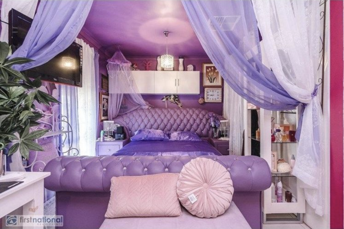 A purple bedroom from a Coolaroo Property listing.