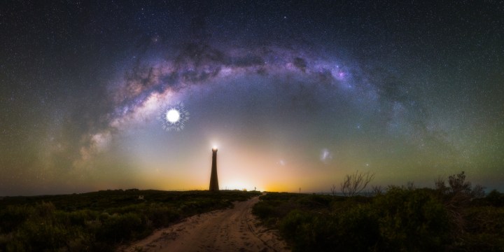 This 28 image photomosaic captures the arch of the milky way over the Guilderton Lighthouse in Western Australia, and the Large and Small Magellanic Clouds. The location of a supernova that would have exploded 9,000 years ago and been visible in the night sky is shown in the image. 
