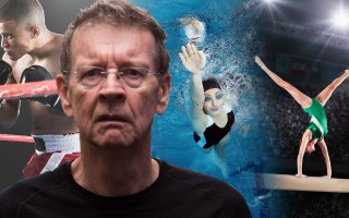Red Symons against a background of someone swimming