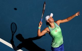 Ashleigh Barty of Australia serves during her Women's Singles Semifinal match against Sofia Kenin of the United States on day eleven of the 2020 Australian Open at Melbourne Park on January 30, 2020