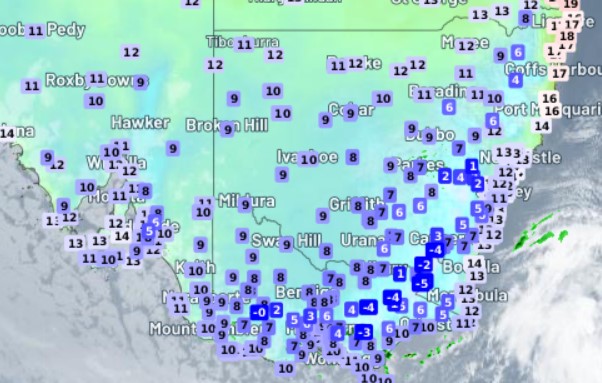 Pictured is a map of all the freezing temperatures around Australia on Wednesday