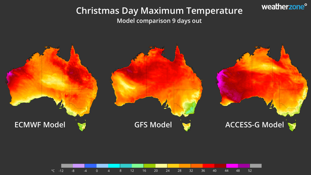 Pictured is potentially what the weather will be like on Christmas Day according to three weather models.