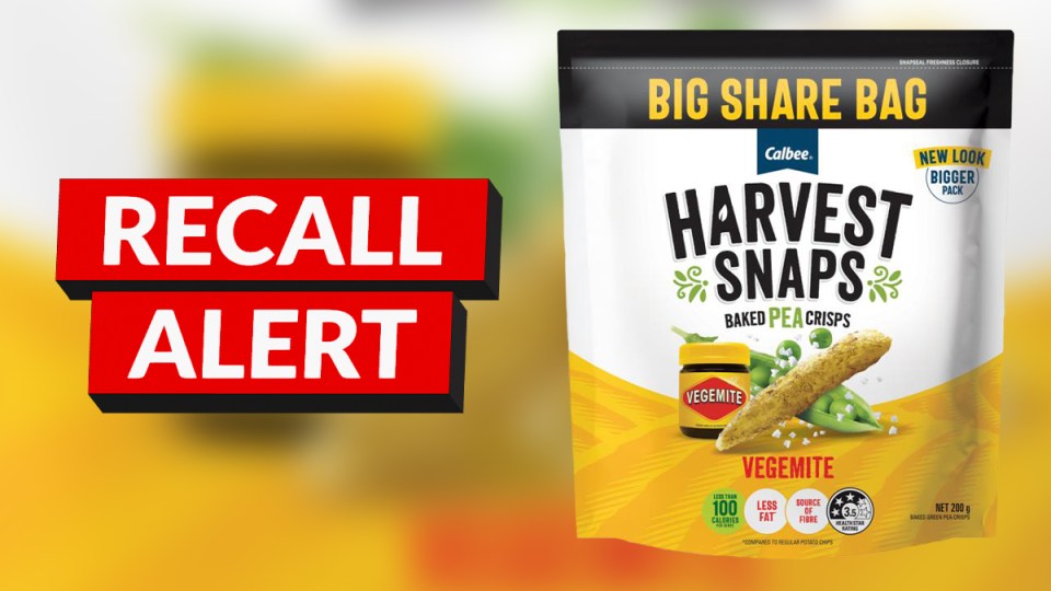 Pictured is the Calbee Harvest Snaps Baked Pea Crisps Vegemite 200g