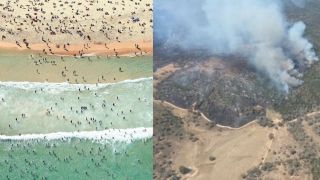Pictured is Bondi beach during a heatwave and a bushfire in NSW