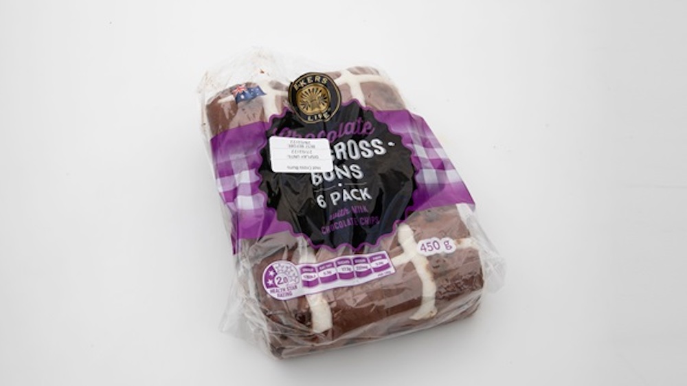 Pictured is a pack of Aldi Bakers Life Chocolate Hot Cross Buns