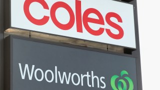 Pictured is the Coles logo and the Woolworths logo