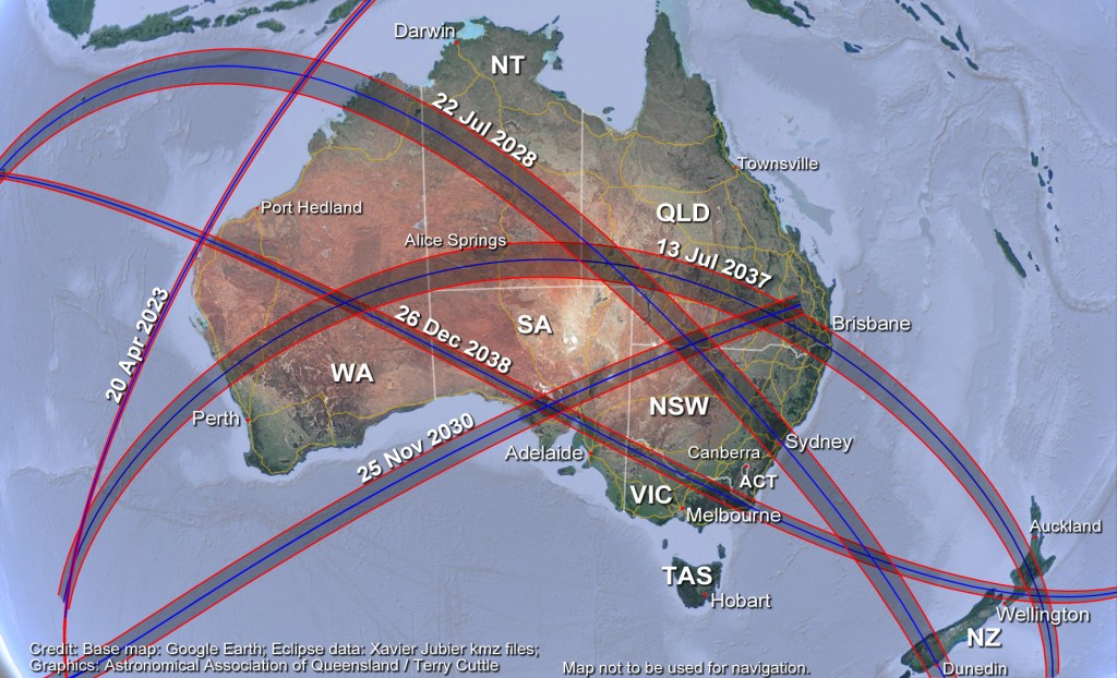 Pictured are the five solar eclipses Australia will see in the next 15 years.