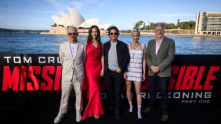 pictured is Simon Pegg, Hayley Atwell, Tom Cruise, Pom Klementieff and Christopher McQuarrie for Mission Impossible