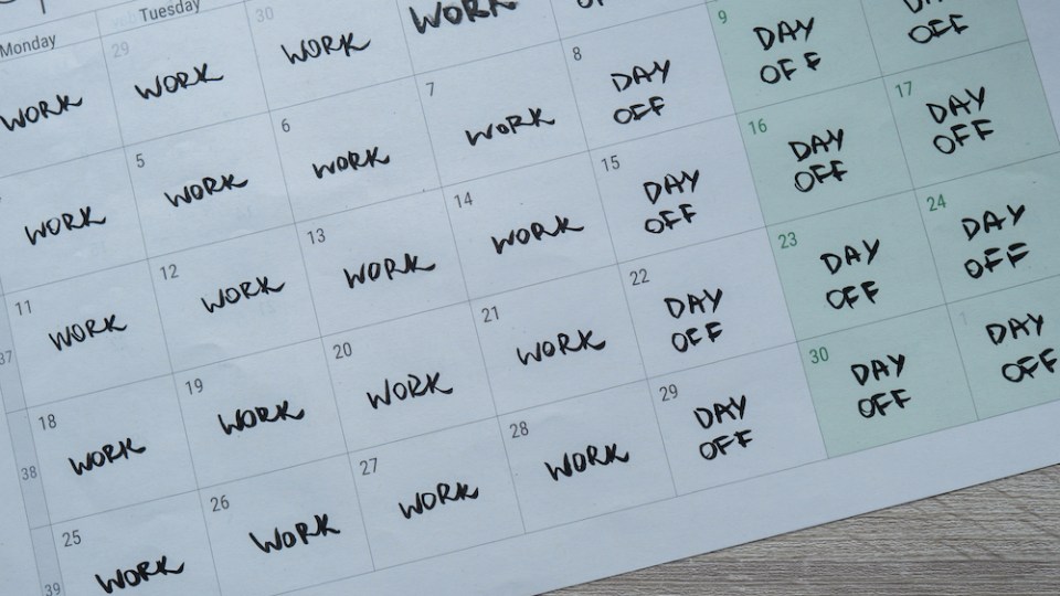 Pictured is a four-day work week calander