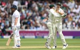 Pat Cummins of Australia and Alex Carey of Australia celebrates the wicket of Jonny Bairstow of England during Day Five of the LV= Insurance Ashes 2nd Test match between England and Australia at Lord's Cricket Ground on July 02, 2023 in London, England.