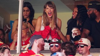 Taylor Swift reacts during the first half of a game between the Chicago Bears and the Kansas City Chiefs at GEHA Field at Arrowhead Stadium on September 24, 2023 in Kansas City, Missouri.